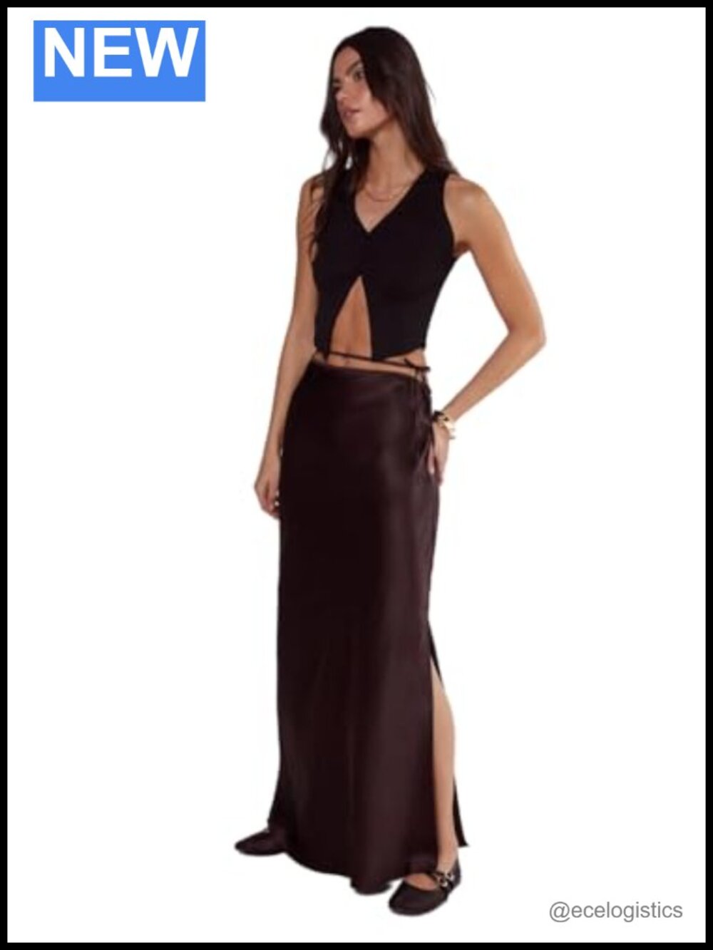 Satin Cut Out Tie Waist Bias Maxi Skirt with High Slit